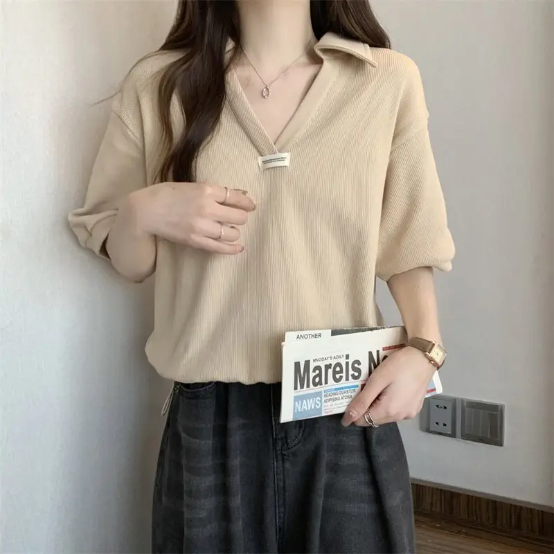 Women Summer Simplicity Loose Solid Color V-neck Short Sleeve T-Shirt Women Clothes Casual All-match Appear Thin Trend Top Tee