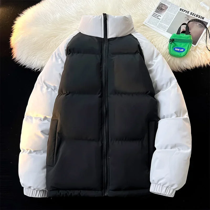 

Streetwear Patchwork Parkas Men Cotton Padded Jacket Korean Stand Collar Windproof Overcoat Men's Winter Coat Man Fashion Parkas