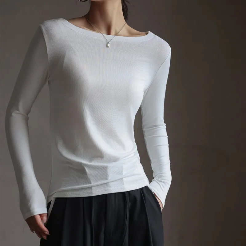 

Simple Modal Long Sve Base irt Women's Slim Fit T-irt White Collar One-oulder Inner Wear Autumn Winter Top