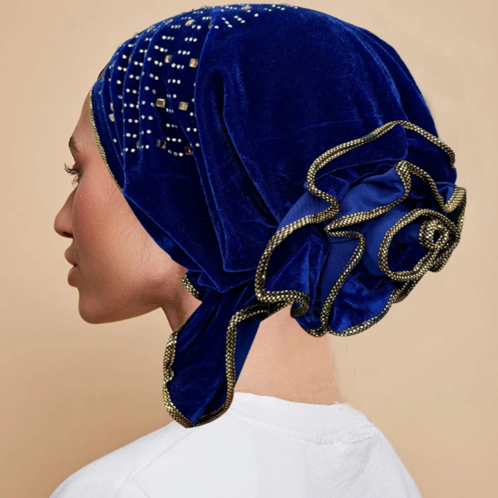 Diamonds Velvet Turban Caps for Women Big Flower Muslim Headscarf Bonnet Female African Head Wraps Winter Head Cover Hat