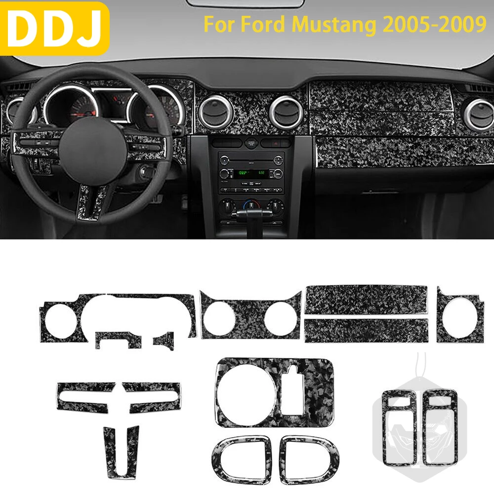 15Pcs Interior Trim Dashboard Forged Carbon Fiber Cover For Ford Mustang 2005 2006 2007 2008 2009 Accessories