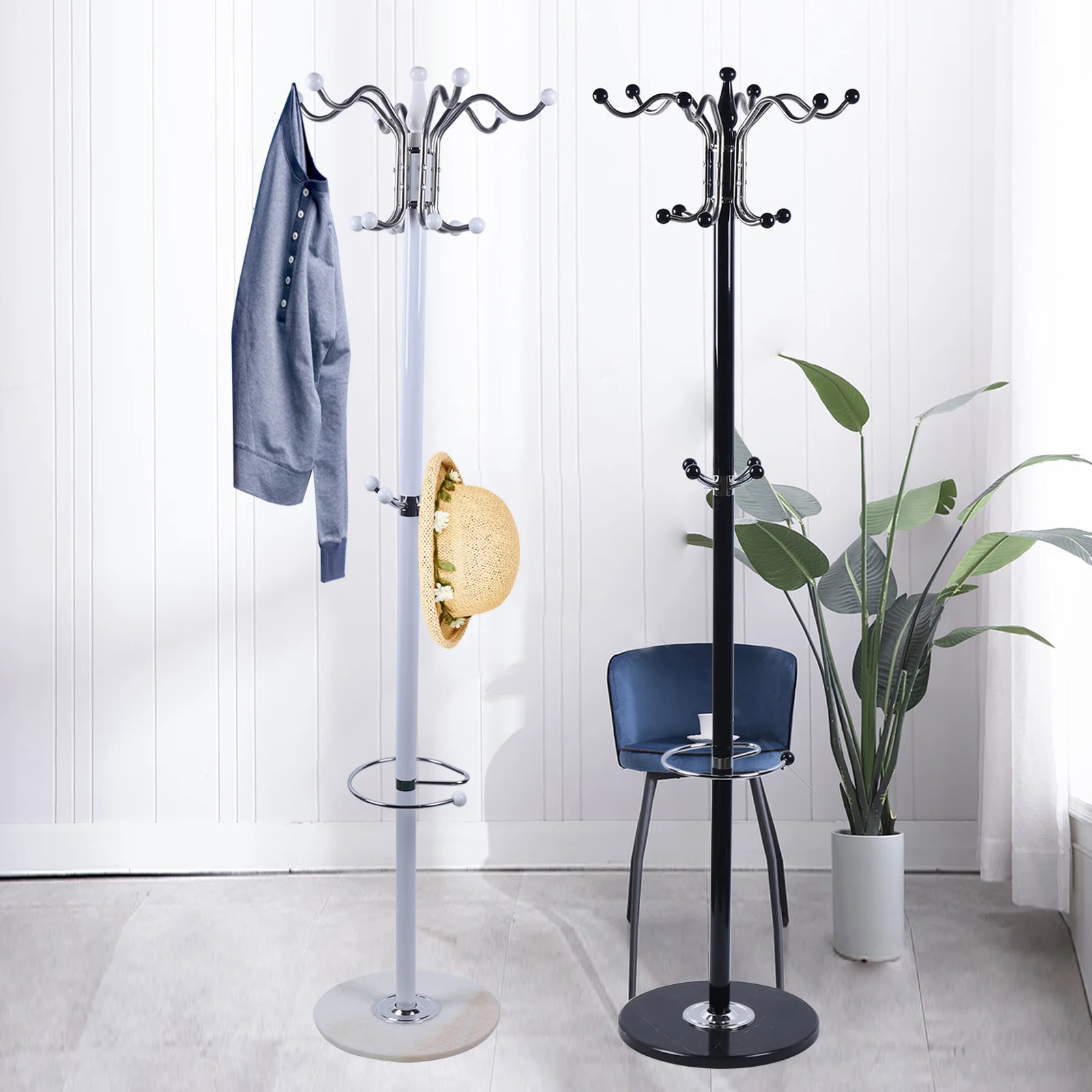 Metal Coat Rack Tree Stand Clothes Hat Bag Hanger Umbrella Holder Home 16 Hooks White/Black