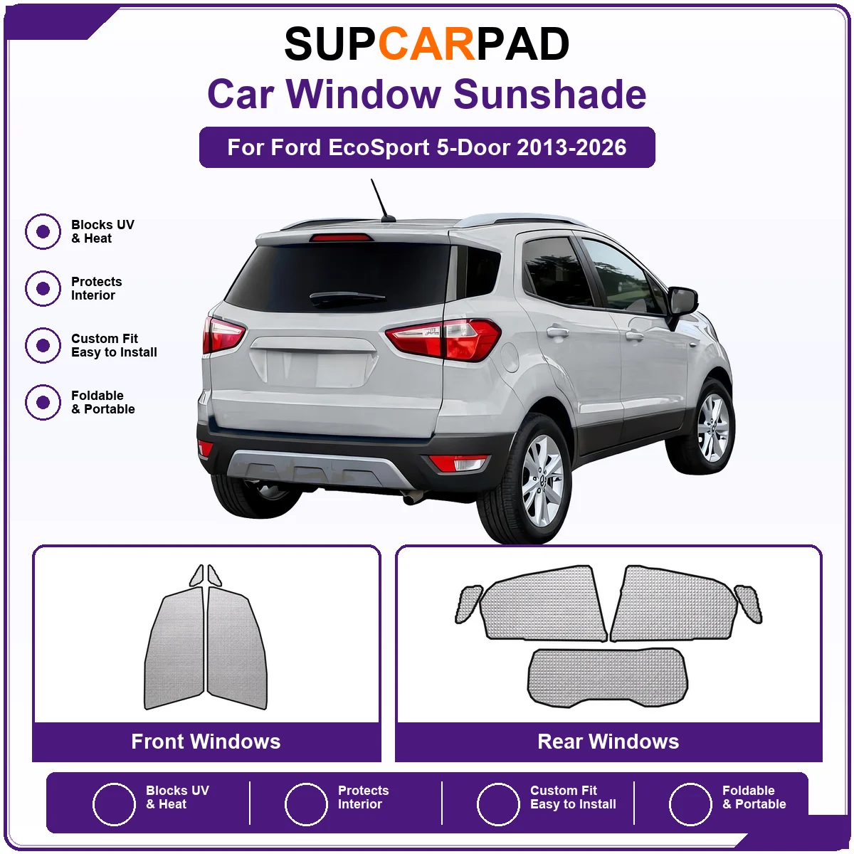 For Ford EcoSport 5-Door 2013-2026 Pre‑Cut Auto Window Sunshade Anti‑UV Car Sun Visor Protector