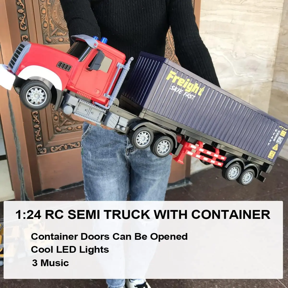 Remote Control Semi Truck with Trailer, 22.5 Inch Toy Carrier Van for Kids, 1:24 Scale Container Truck with 2 Rechargeable Batteries, LED Lights & Music, Great Gift for Boys and Girls