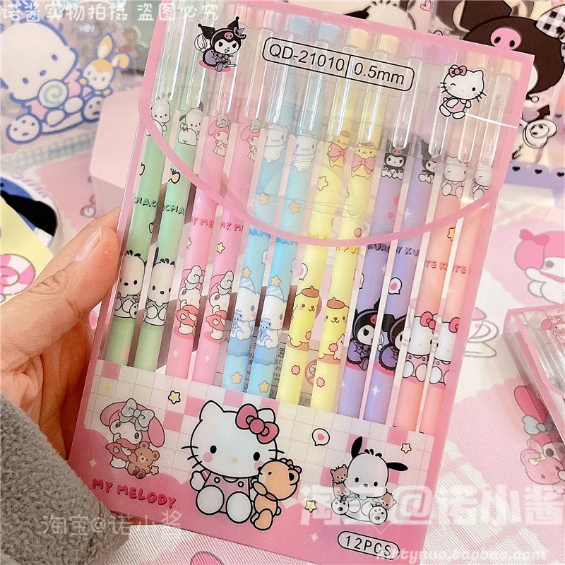 12 pçs sanrios kawaii kuromi minha melodia cinnamoroll preto 0.5mm caixa caneta gel anime dos desenhos animados bonito estudante caneta escrita presente de aniversário