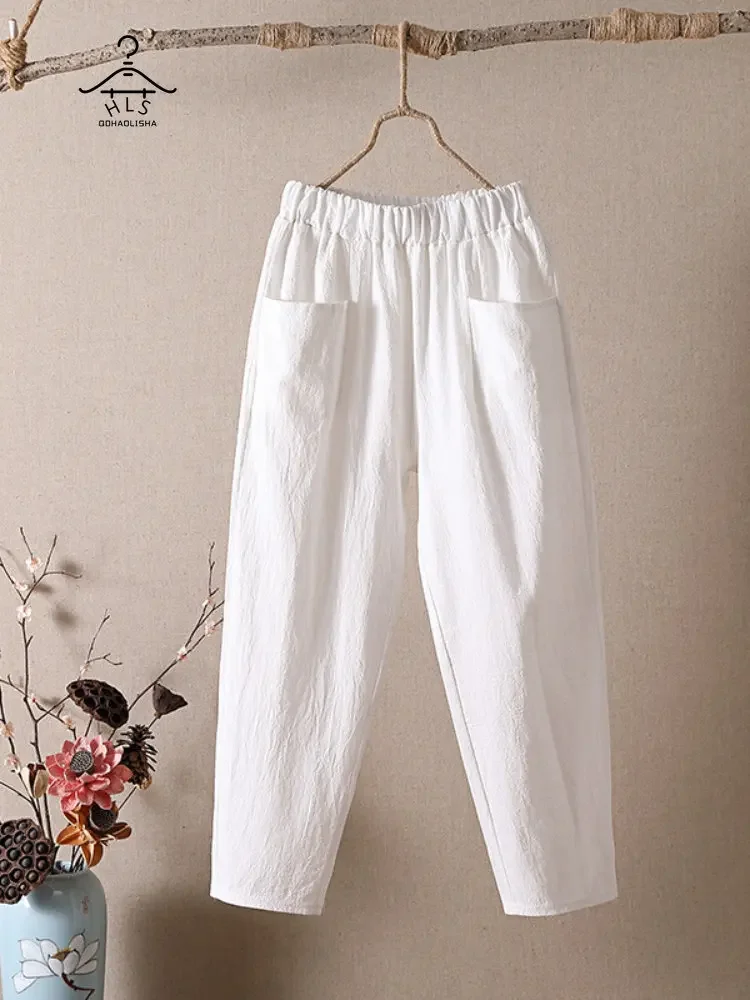 

Calf-length Harun Pants Women's Summer Thin Cotton Elastic Waist Radish Trousers Casual Loose High Waist Cropped Women's Pants