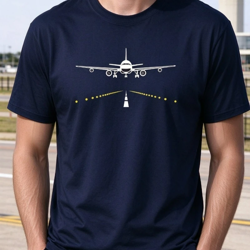 Airplane Landing Navigation Graphic Tee, 100% Cotton Pilot Aviation Aircraft Design Unisex Streetwear Casual Short Sleeve Top