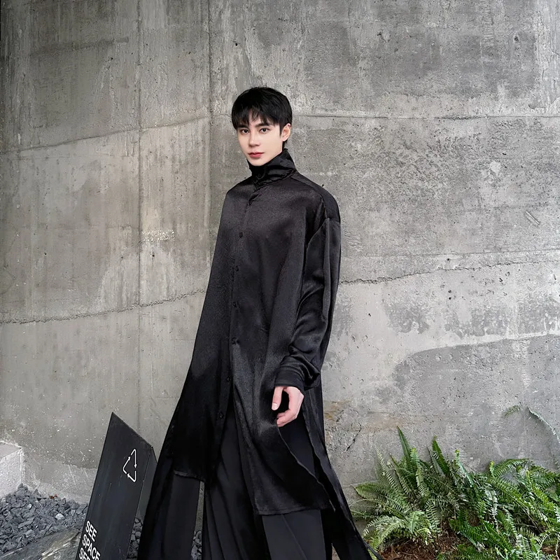 

Men's Long Sve irt Spring 2025 f High Collar Drapey Midi Length Faionable Open Ba Loose Fit Regular Thin