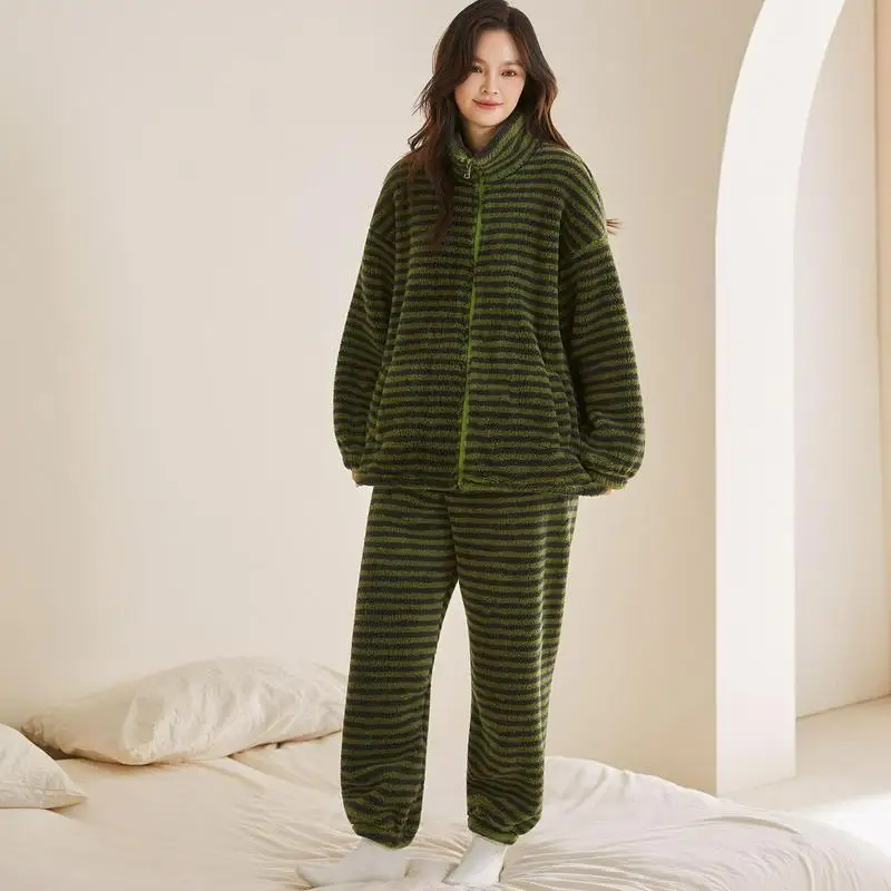 Women Striped Pajamas Autumn Winter New Stand Collar Casual Long Sleeved Pants 2 Piece Set Warm Home Wear Suit