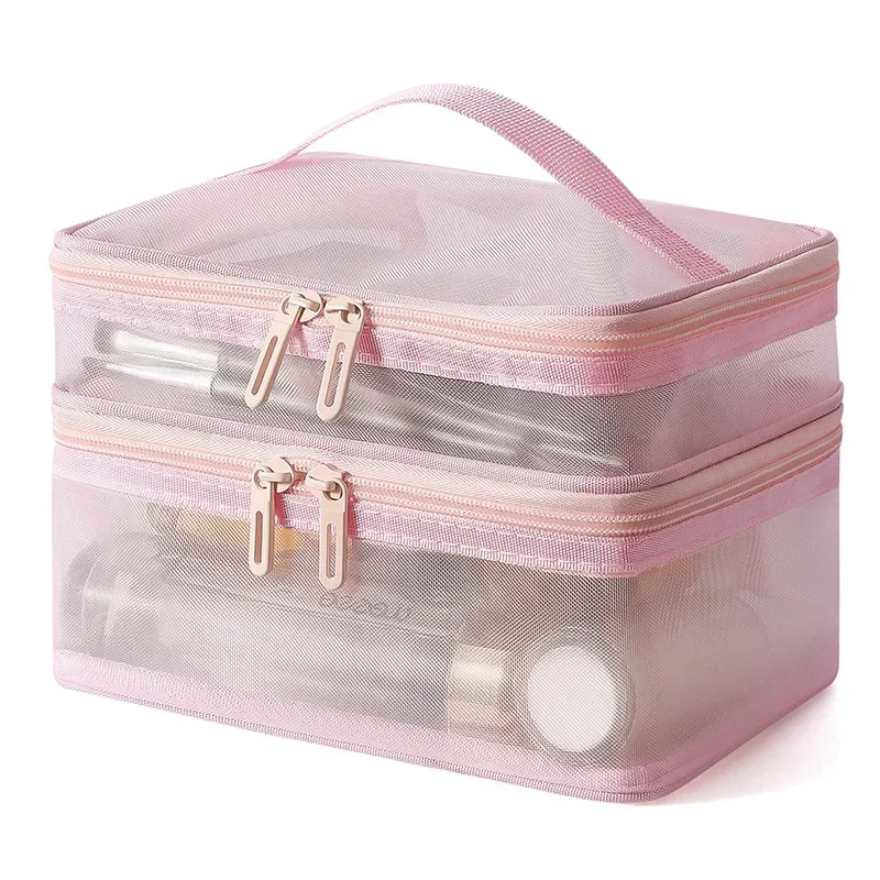 Bolsa de cosméticos de malla rosa de doble capa para mujer, estuche de maquillaje portátil de gran capacidad, organizador de maquillaje con