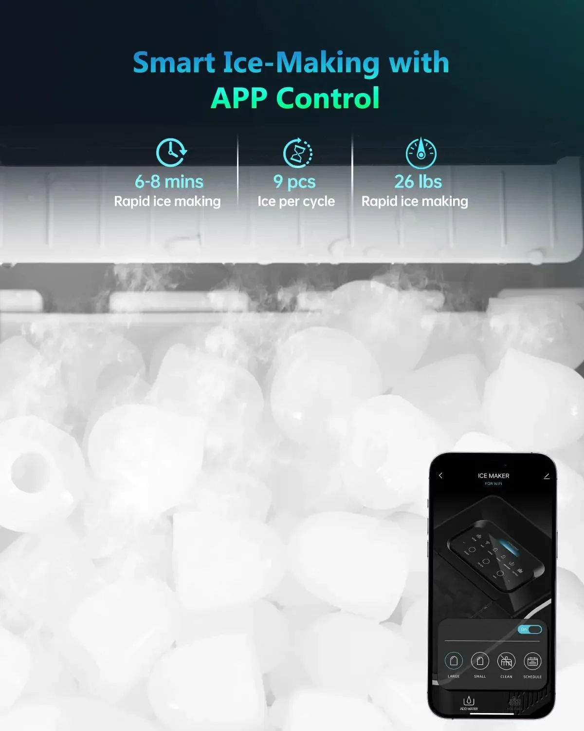 Efficient Smart Countertop Ice Maker Machine with Self-Cleaning Technology, Produces 9 Ice Cubes Every 8 Minutes, 26lbs Ice in 2