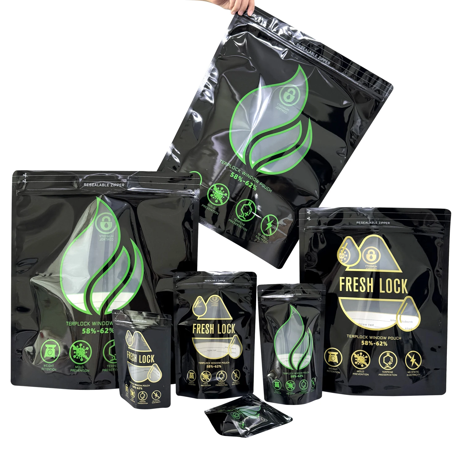 1/8oz to 2lb Mylar Lock & Seal Storage Bags | 58%-62% RH Curing Pouches | Heat Sealable Smell Proof Terp Control