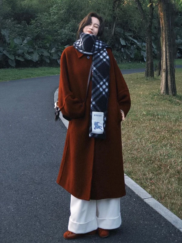 

Red Double-Sided Camere Coat Women's Thiened Woolen Outerwear Hepburn Sle Small Size Mid-Length Winter New Arrival