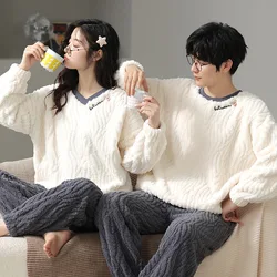 Couple Pajamas Winter Autumn Velvet Loose Thickened Warmer Home Clothing Wearable Suit Solid Color Simple Stripes Sleewear