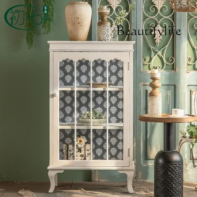 

YX Hogar Decoración French Vintage Living Room Cabinet Sideboard Buffet Console Cabinet Coffee Bar Storage With Rattan Decorated