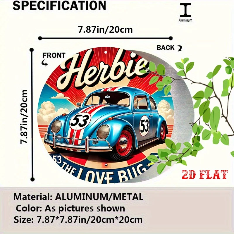 2D Flat 1pc Love Bug Aluminum Metal Sign, Racing Stripes Round Aluminum Sign, Vintage  7.87X7.87 Round Aluminum Sign