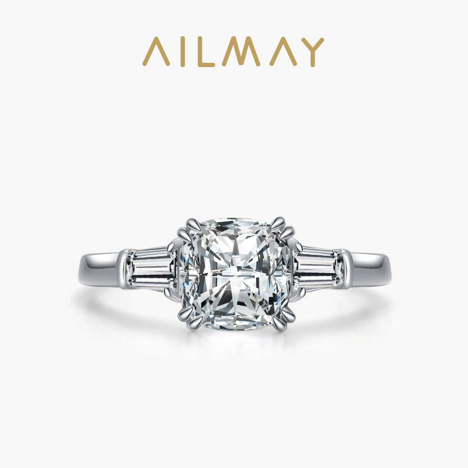 Ailmay Genuine 925 Sterling Silver Fashion Square Cubic Zirconia Finger Rings For Women Wedding Statement Fine Silver Jewelry