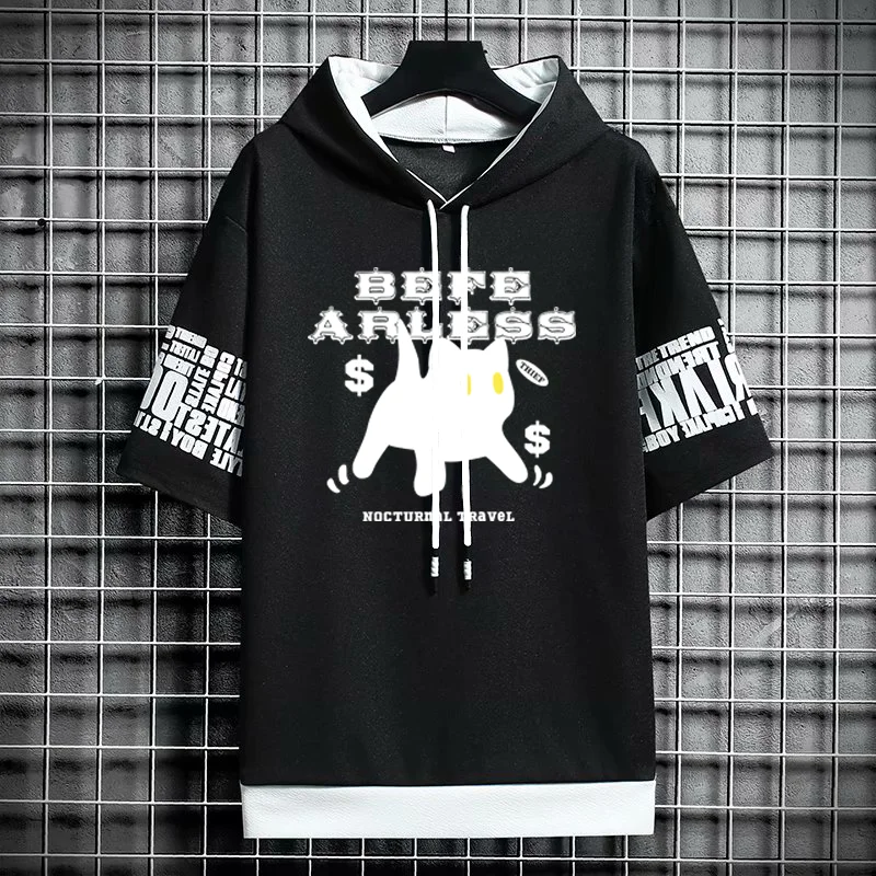 T Shirt for Men Clothing Streetwear Hoodies Oversized Korea 반팔티 Casual Hat T-shirt Print Graphic Tshirt Anime Sports Gym Hoodie