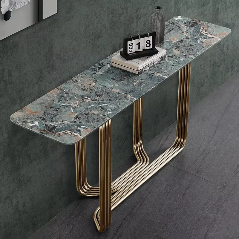 Modern Entry Table Stainless Steel Marble Top Hallway Diamond Mirrored Console Table with Mirror Set