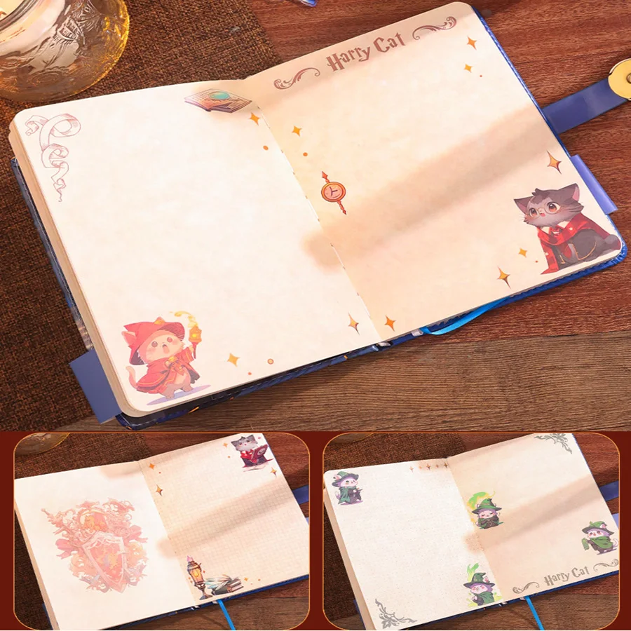 Cartoon Harry Cat Notebook Full Color Page Cute Illustration Magnetic Buckle Soft Leather Diary Student  Notepad