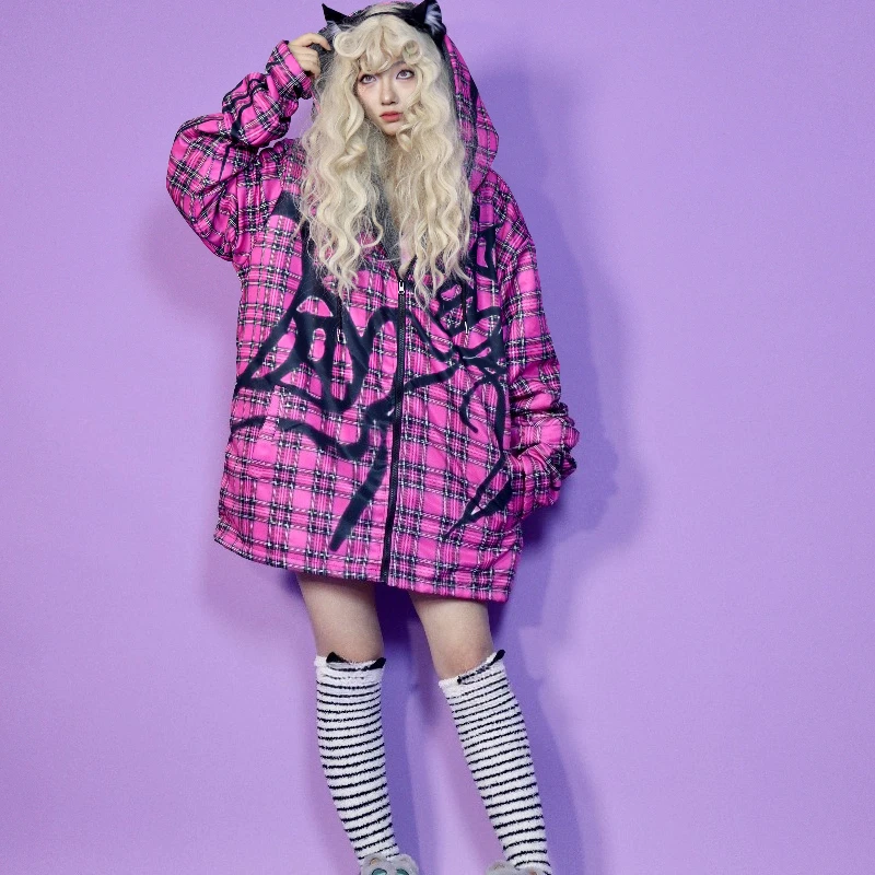 Autumn Winter New Subculture Cotton Women's Jackets Vintage Design Loose Hooded Fleece Cotton Printed Sweatshirt Coats Ladies