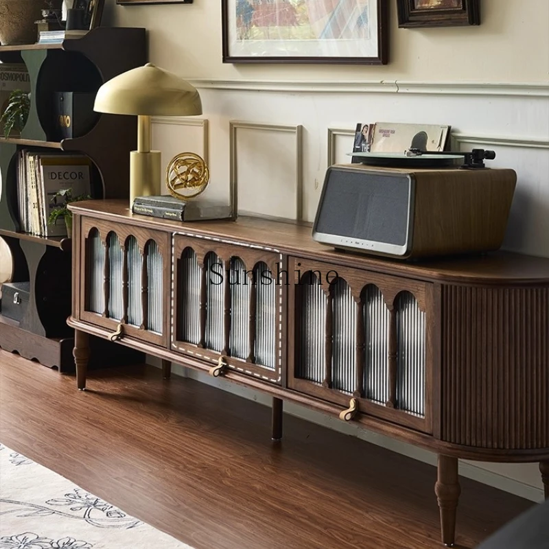 

French retro solid wood TV cabinet living room small apartment household storage