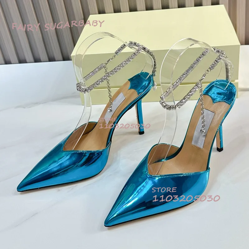 Shiny Leather Blue Pointed Crystal Heels Ankle Jeweled Strap Orange Stiletto Shallow Summer Sandals Women Sexy Party Casual Shoe