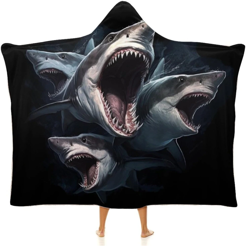 Shark Gifts, Shark Pattern Wearable Flannel Blanket Hoodie, Flannel Cloak Hooded Blanket Poncho
