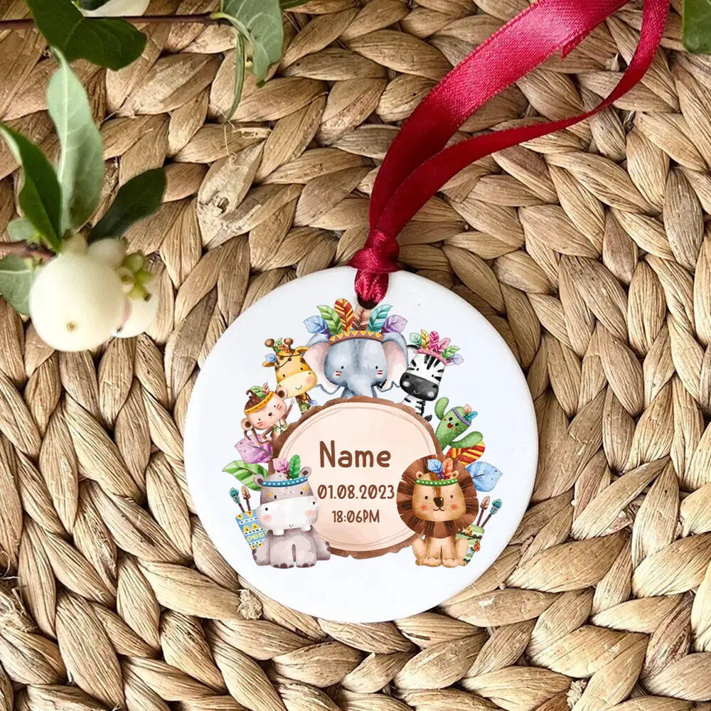 Personalized Baby Ornament Custom Safari Animals Wreath Photo Prop Newbron Photography Accessories Infant Birth Ceramic Ornament