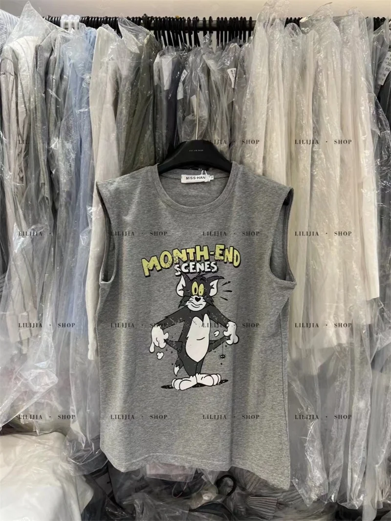 

Новая летняя женская футболка без рукавов в американском ретро-стиле с мультяшным принтом, свободная, универсальная, из смесового хлопка и полиэстера