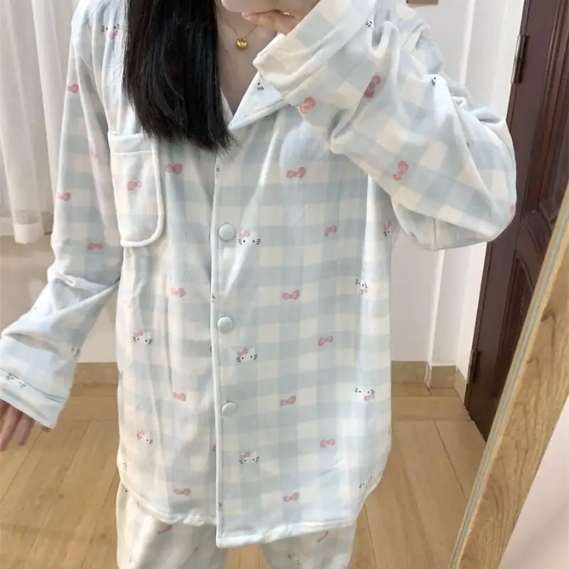 

Зимний комплект пижам Sanrio Hello Kitty, теплая женская пижама с длинными рукавами и брюками, домашняя одежда для студентов, пижама с милым мультяшным принтом.