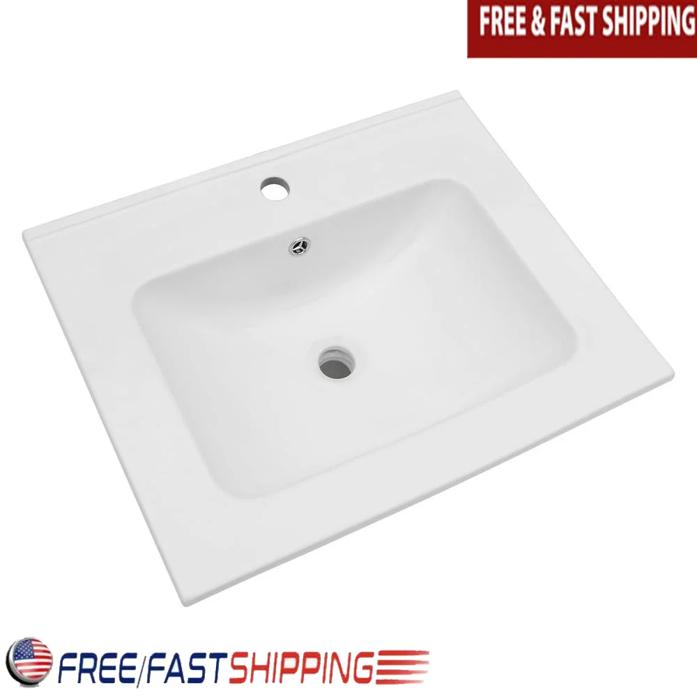 Modern White Drop In Bathroom Sink 24x20 Inch Porcelain Basin One Hole Durable Rectangular Ceramic Vanity Top Easy Install 24