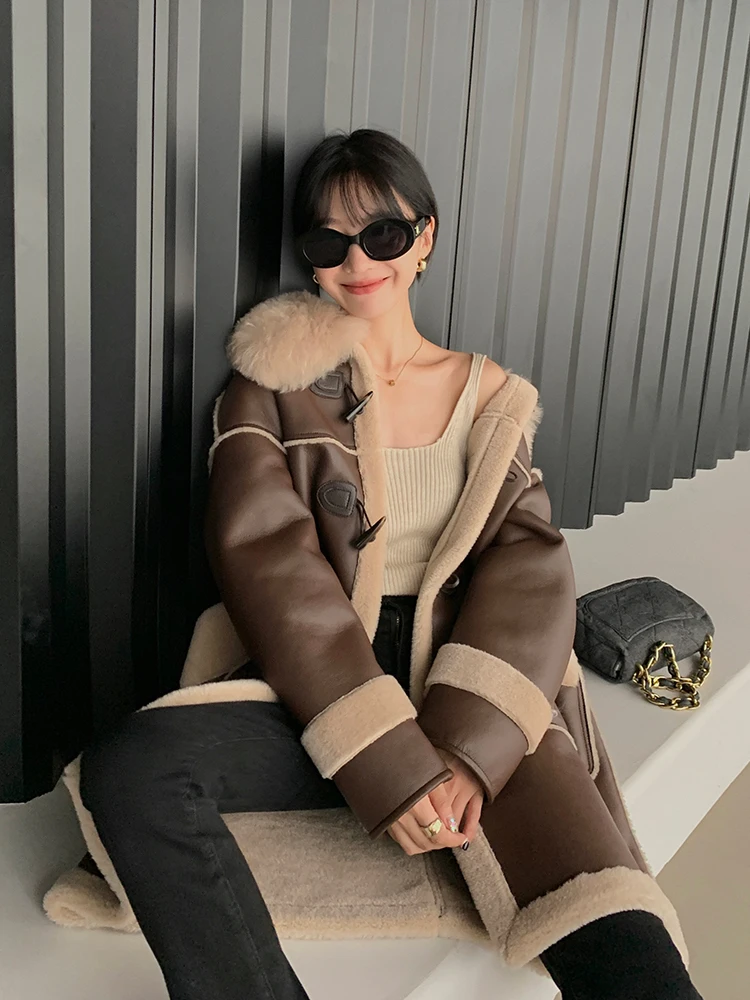 

Женская зимняя куртка Mona Brown из овчины средней длины с мехом, в корейском стиле, для повседневной носки