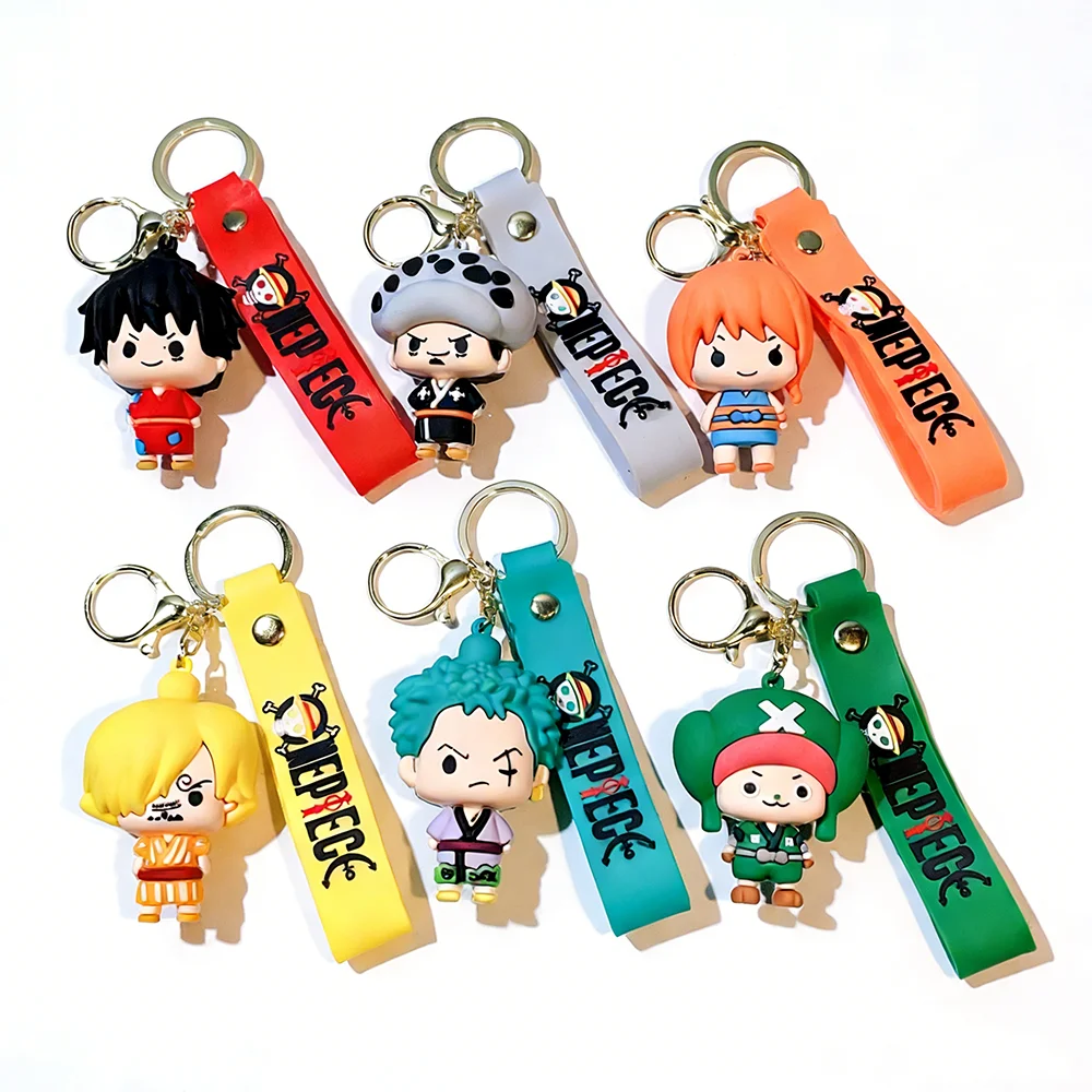 1/6 piezas Set de llaveros de silicona 3D One Piece Wano Country Chibi con personajes de anime Luffy, Ace, Nami, Sanji, Zoro, Chopper, colgante para bolso