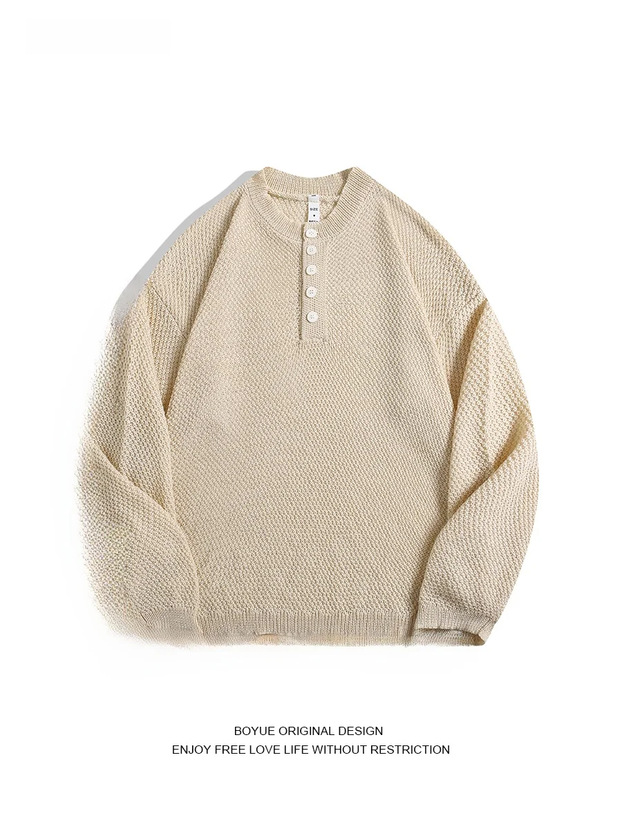 

Boyue Henry Collar Hollow out Sweater T-irt Lightweight Casual Sle Men's Knittedwear Breathable Loose Fit Long Sve