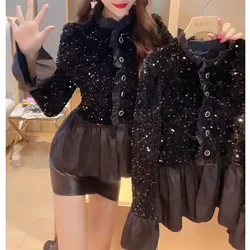 Fashion Splicing Sequin Jacket Women Single-breasted Plicated Long Sleeve Tops Female Spring Casual Solid Black Coat