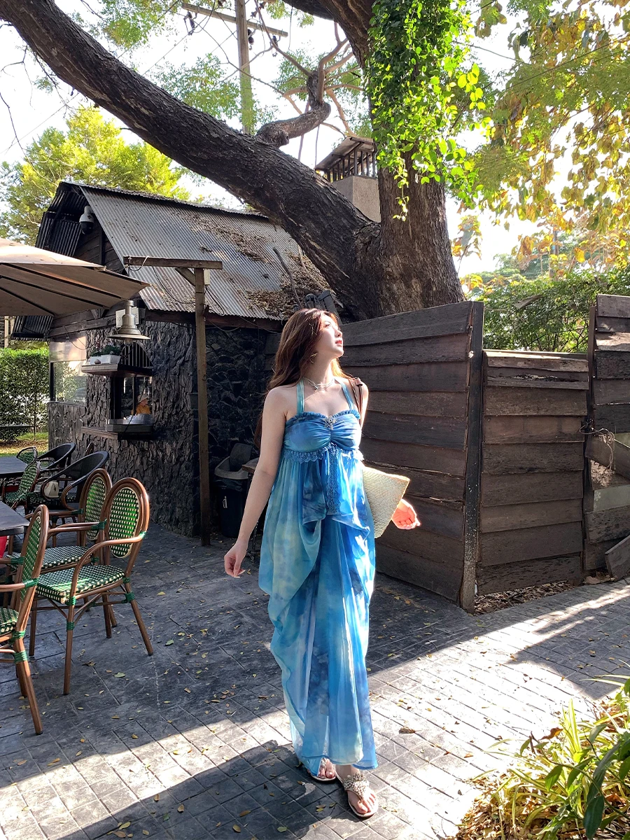 

Annie Holiday Style Gradient Print Chiffon Swing Skirt Long Dress Women plus Size Slimming Neck Hanging Zipper H-Line Gown