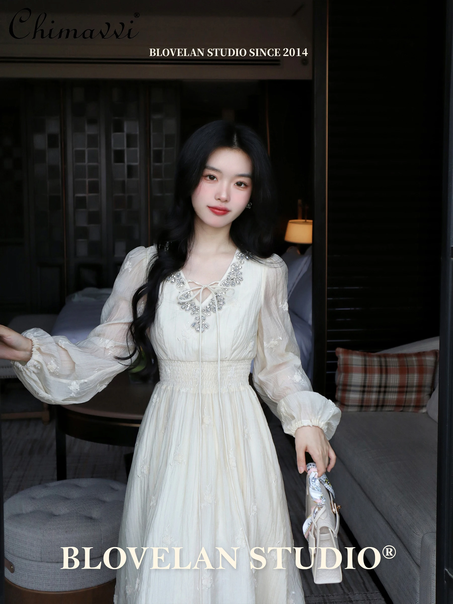 

French Elegant Fairy Style Rhinestone Beaded V-neck Lace-up Lantern Sleeve High Waist Slim A-Line Temperament Long Dress Women