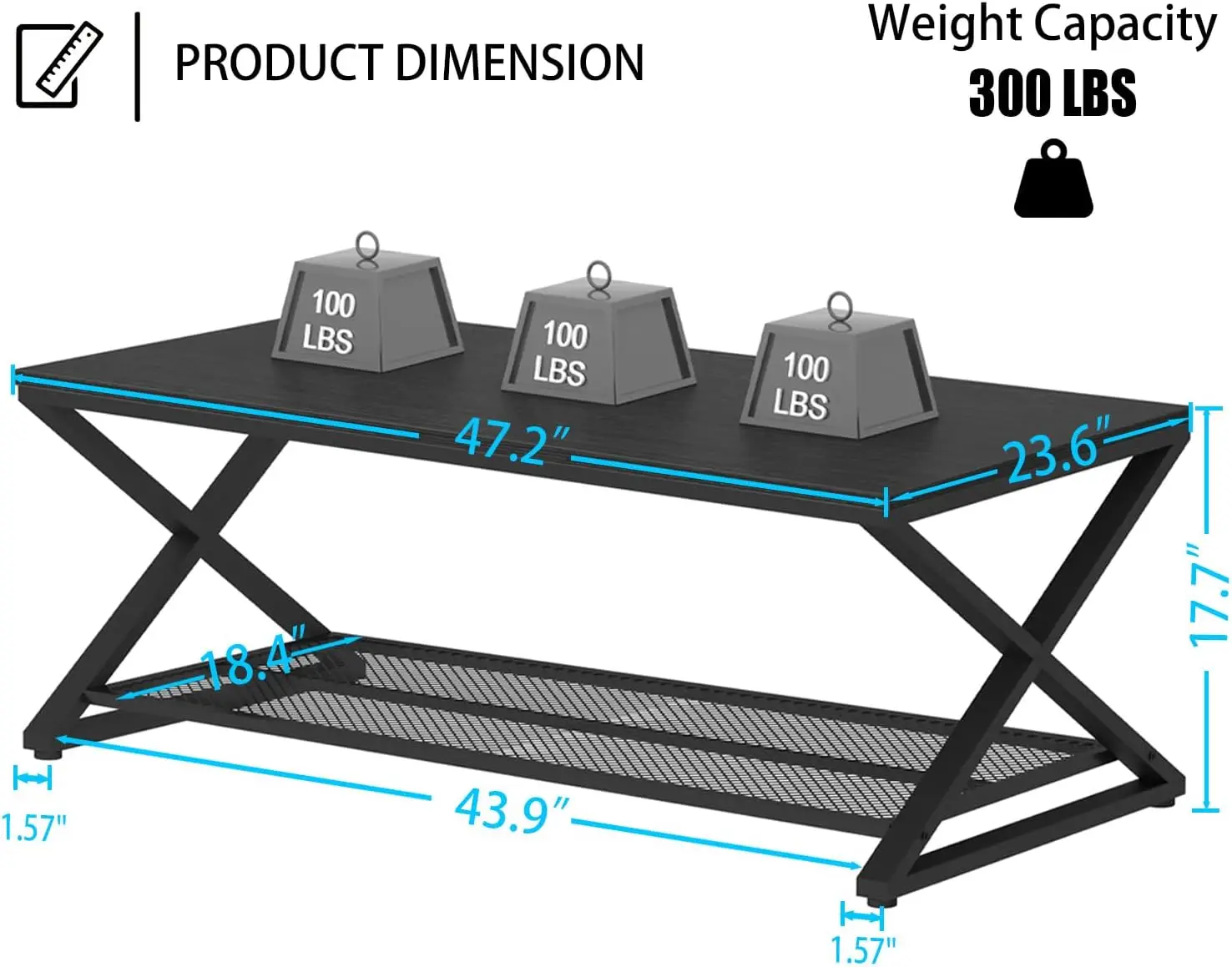 Black Coffee Table, Wood Metal 2 Tier Center Tables with Storage Shelf, Modern Rectangular Concrete Tea Table for Living Room