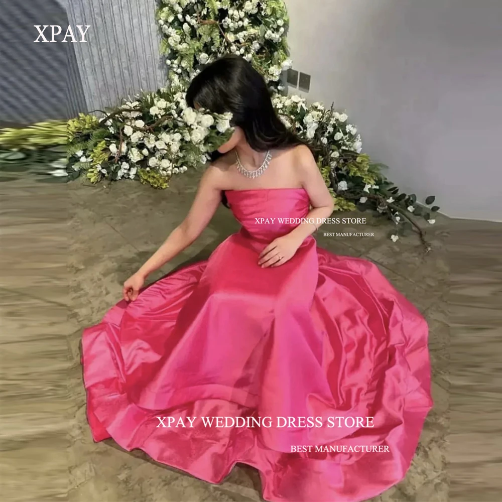 

XPAY Simple A Line Hot Pink Satin Evening Dresses Strapless Floor Length Prom Gowns Saudi Arabic Long Formal Party Dress