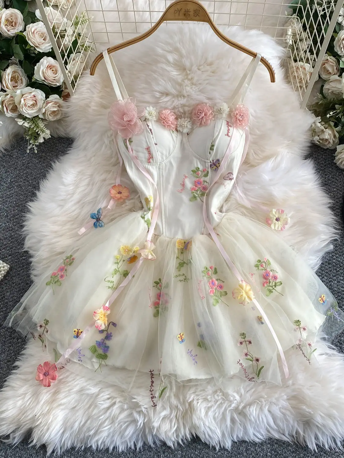 

Women's Apricot 3D Flower Strapless Cami Dress Elegant Vintage Mini Dress Birthday Party Puff Fairy Tulle Dress for Women Summer