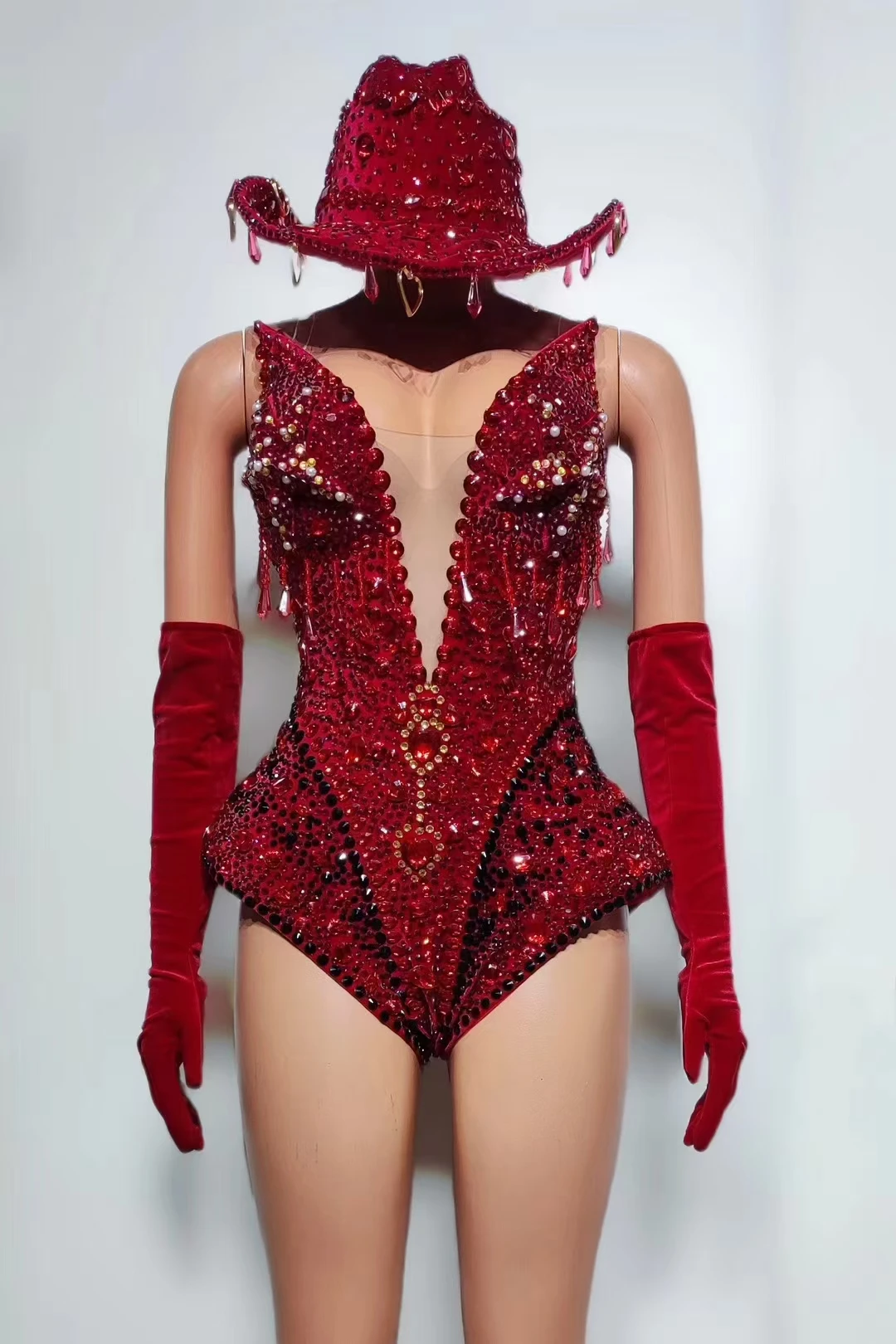 uxury Shining Red Ctystals Women DanceJumpsuit Sexy Show Party Club Bodysuit WithGloves Drag Queen Sing Stage Performance A656