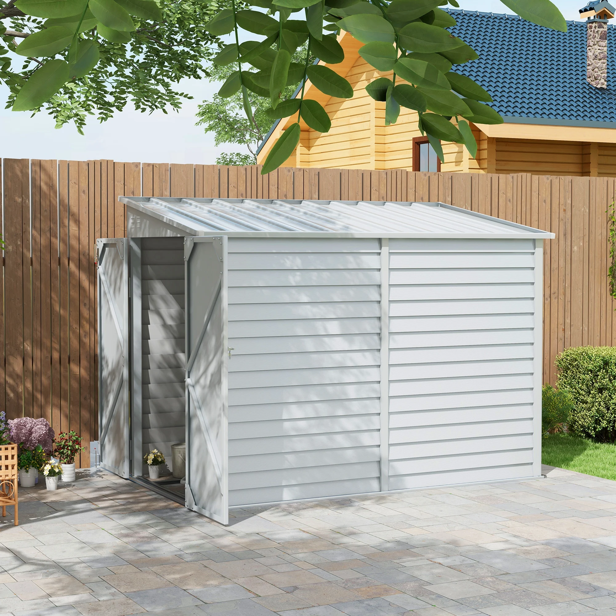 Outsunny 4.6' x 9' Steel Outdoor Storage Shed, Lean to Shed, Metal Tool House with Foundation Kit for Backyard, Patio, Lawn