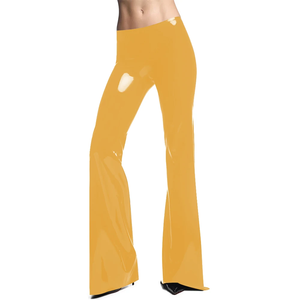 Glossy Office Lady PVC Leather Bodycon Flare Pants Women PVC Leather Tight Solid Slim Long Capris Trousers Female Casual Bottoms