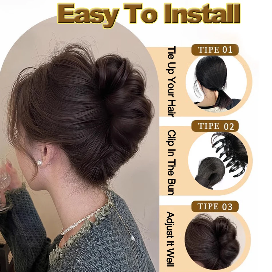 Synthetic Messy Bun Hair Piece Claw Clip Ponytail Extensions Scrunchie-style Lazy Flower Bud Bun Chignon Wavy Curly Ponytail