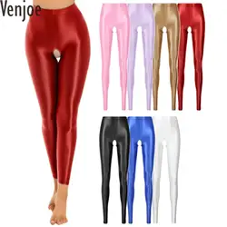 Womens Glossy Stretchy Open Crotch Leggings Pantyhose Solid Color Crotchless Tight Trouser Skinny Hot Pants Lingerie Nightwear