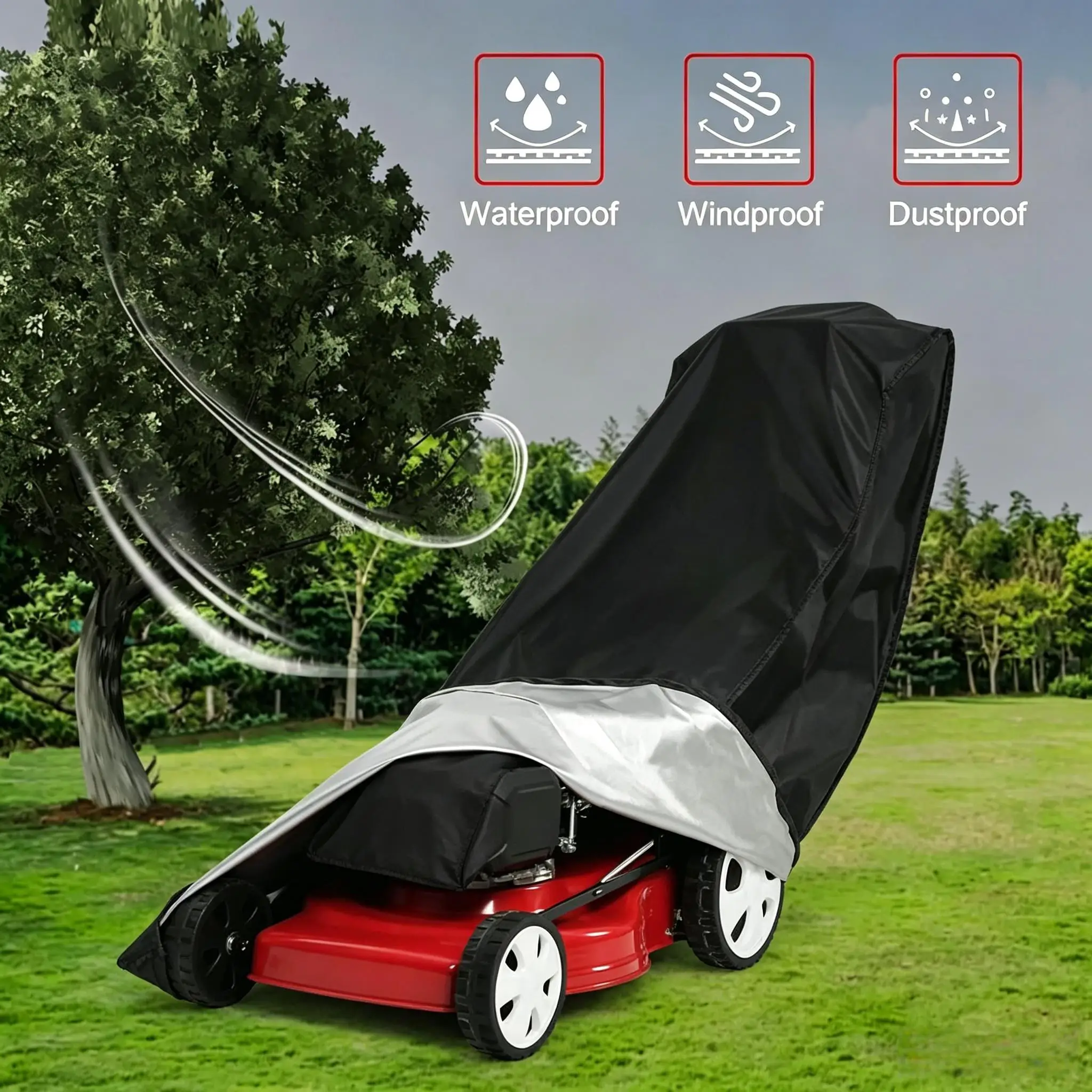

210D Outdoor Lawn Mower Cover Polyester Oxford Cloth Waterproof UV Protection Universal With Drawstring & Storage Bag
