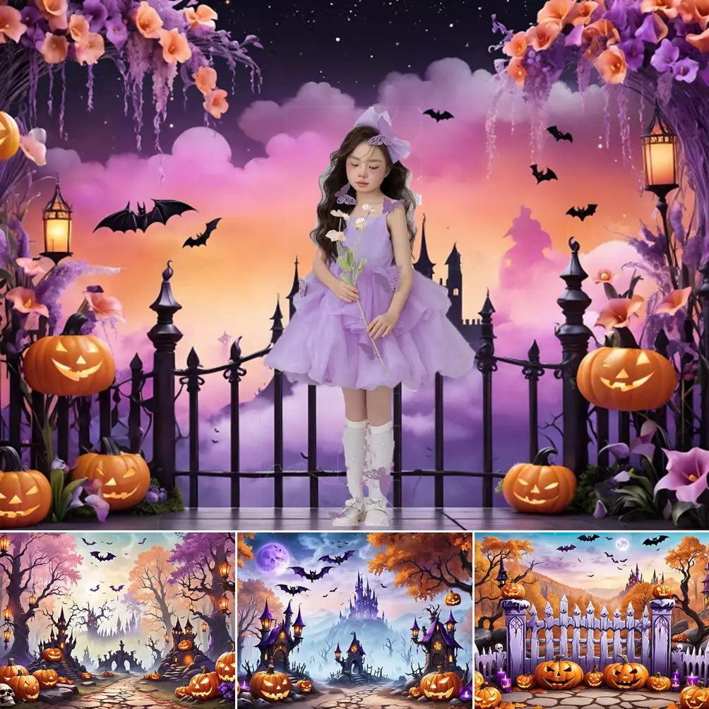 

MOON.QG Halloween Night Backdrops for Photography Purple Castle Fence Bat Photo Background Photocall Baby Boy Portrait Photozone