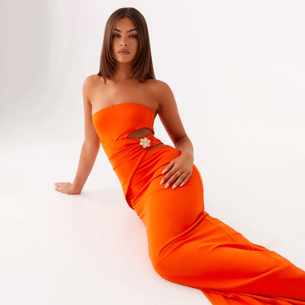 2025 Summer  Party Casual Wear Cool Spicy Hot Girl Style Tube Top Bodycon Dress Side Waist Cut-Out Long Skirt Gown