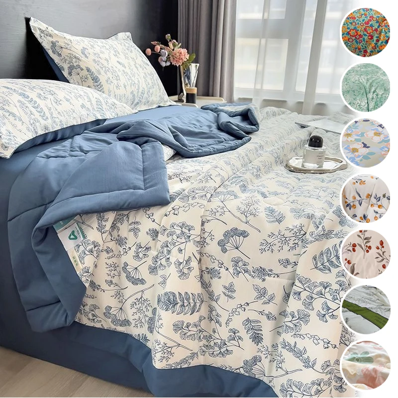 

1PC Cloud Soft Summer Comforter Vintage Floral Print Cooling Blanket Skin-Friendly Washable Thin Quilt for All Season Home Decor